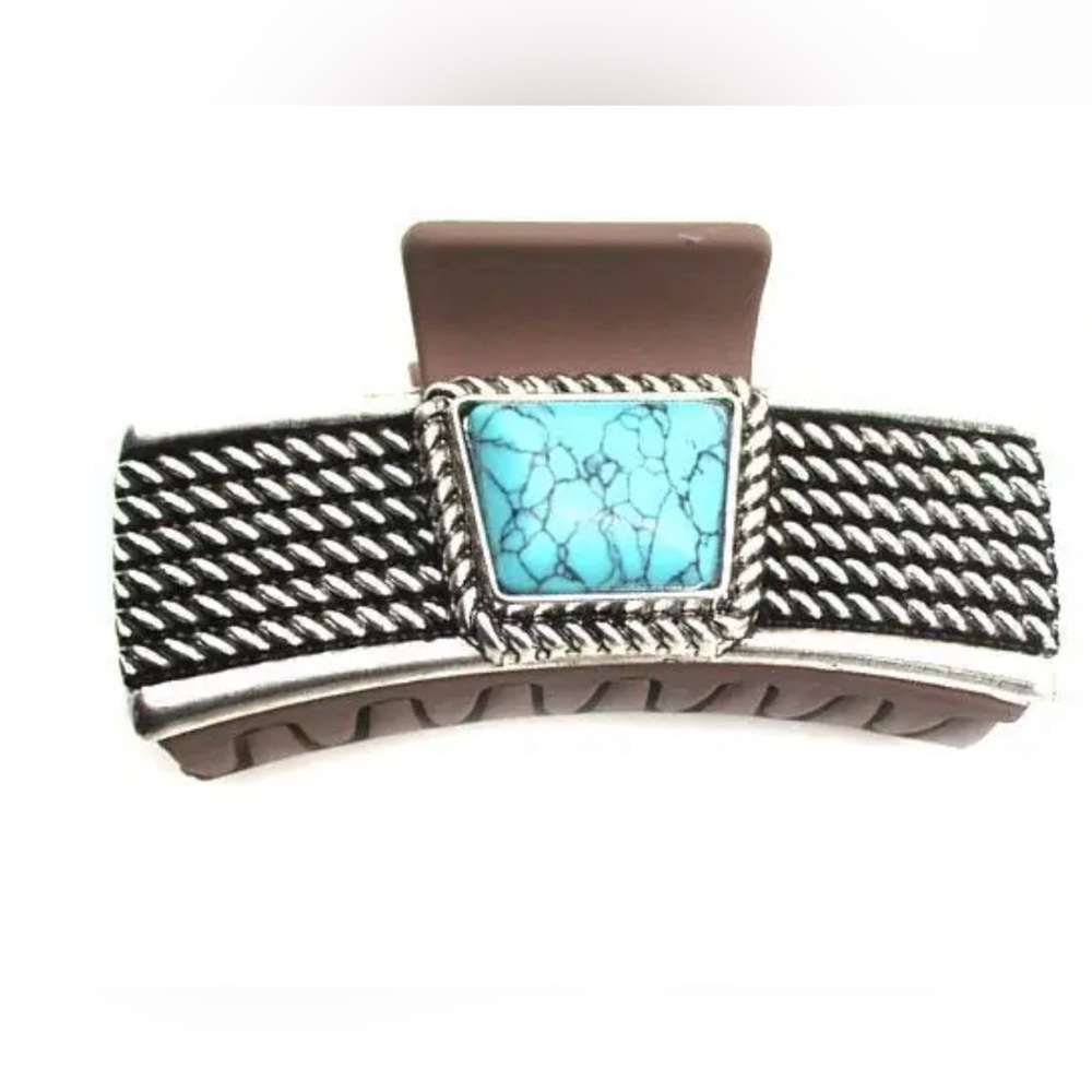 Elegant Silver and Black Hair Clip with Turquoise Detail